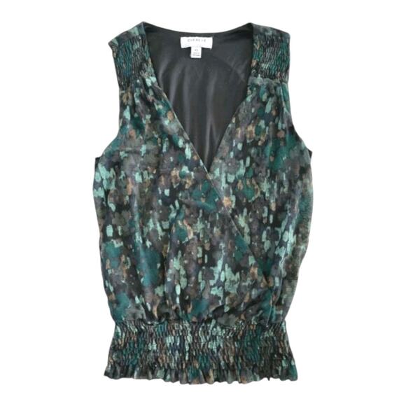 Evereve Jules Mesh Ruffle Hem Smocked Waist Sleeveless Wrap Top Green Multi MED - Picture 1 of 12